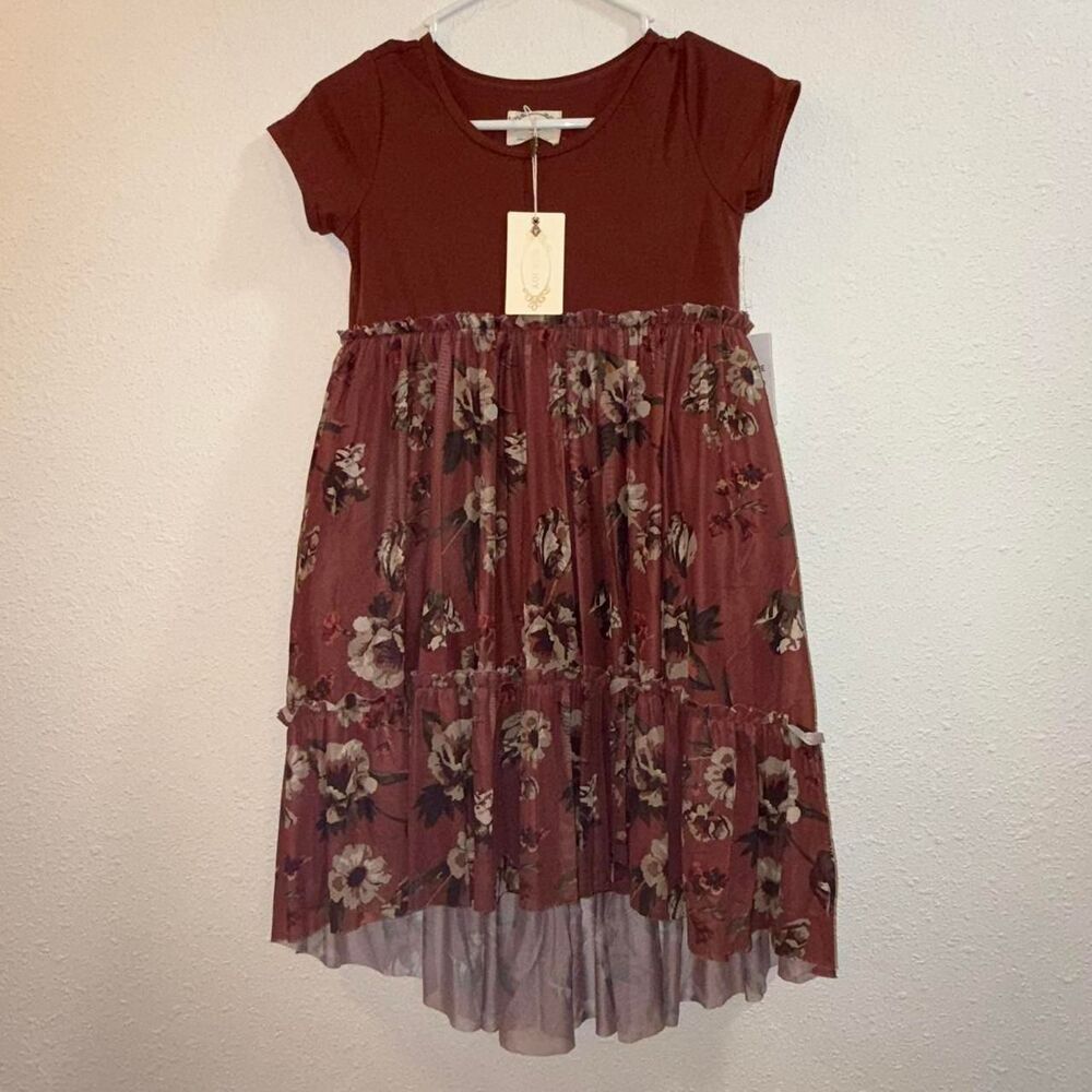 NWT Girl's Joyfolie Babydoll Dress, Red Rust Color with Floral Print, Size 10